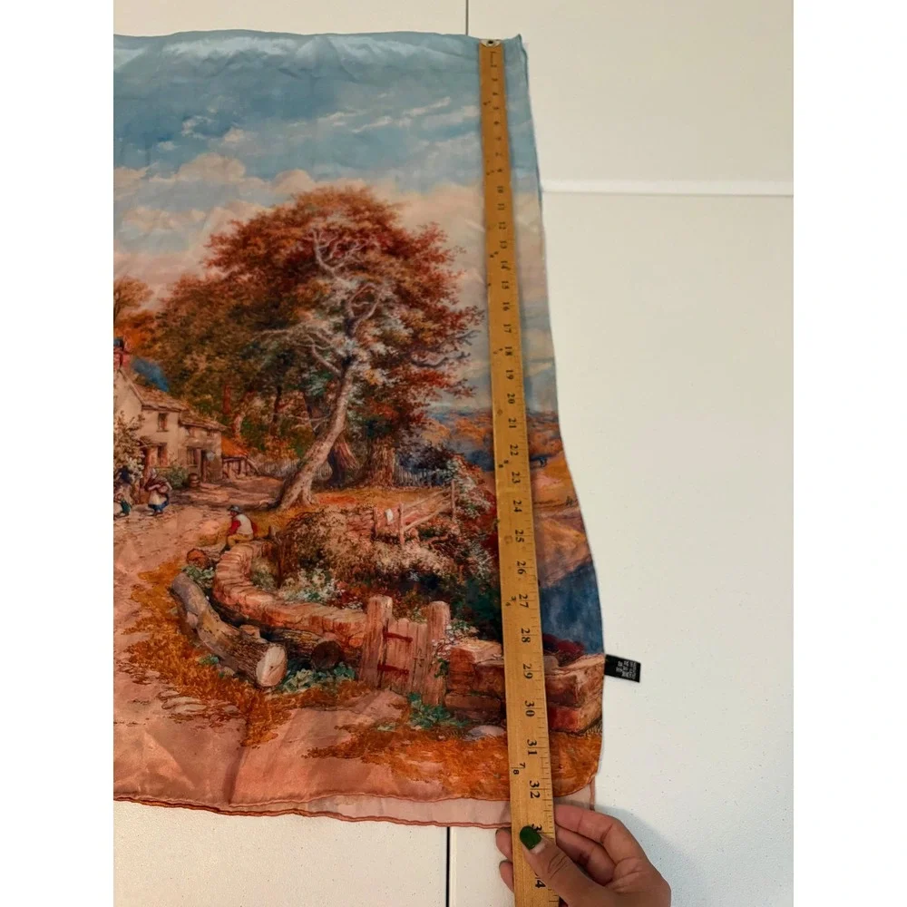 Vintage 100% Silk Scarf Italy Cottage Landscape Oil Painting Print Blue Brown yy